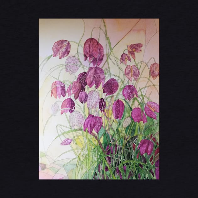 Purple pink fritillary flowers watercolour painting by esvb